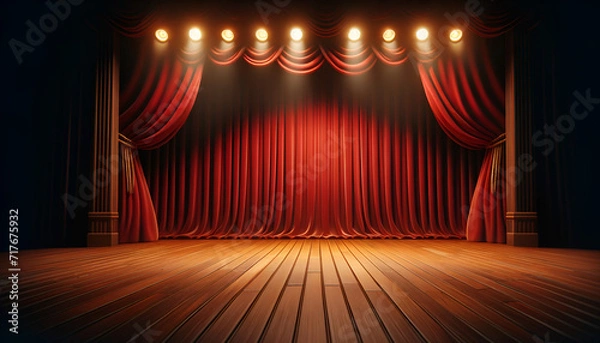 Fototapeta Empty performance stage with luxurious red drapery and warm stage lights.
Generative AI.