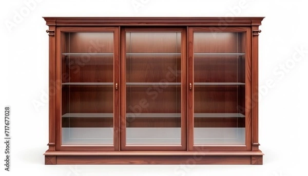 Fototapeta Display cabinet, cherry wood, glass-fronted, 3d, isolated white background, clean simple,