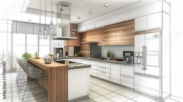 Fototapeta Stylish kitchen interior with modern furniture. Combination of photo and sketch