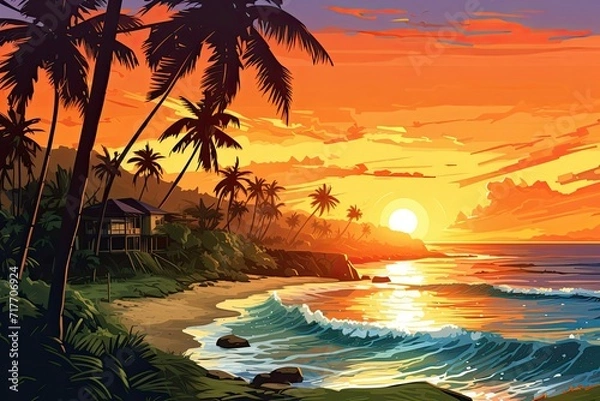 Fototapeta sunset on tropical beach landscape illustration