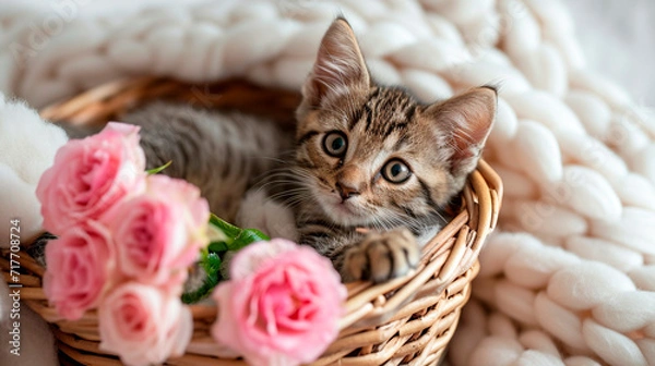 Obraz Kitten in a basket with roses. Selective focus.