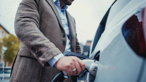 Fototapeta Young business man in suit  traveling by electric car at summer, having stop at charging station standing plugging cable