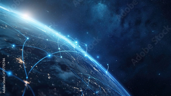 Fototapeta Telecommunication network above North America from space by night with city lights, satellite orbiting Planet Earth for Internet of Things IoT and blockchain technology