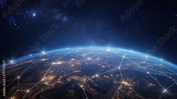 Fototapeta Telecommunication network above North America from space by night with city lights, satellite orbiting Planet Earth for Internet of Things IoT and blockchain technology