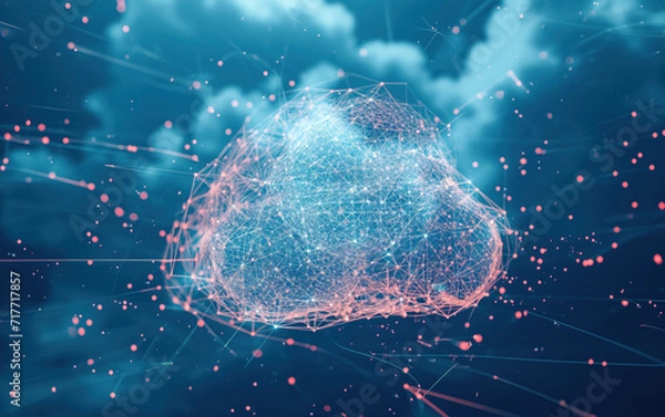 Fototapeta Cloud computing database design with neon plexus ton and cloud icon 3d render