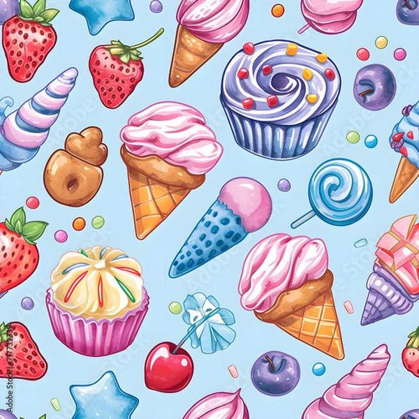 Fototapeta seamless pattern with ice cream and cupcakes