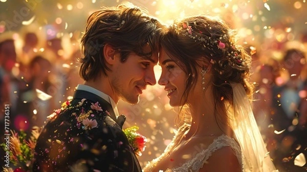 Fototapeta Bride and Groom Share a Kiss on Their Wedding Day Generative AI