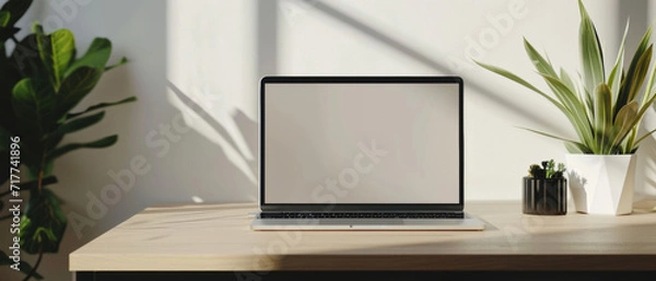 Fototapeta Minimalist home office setup with an open laptop and fresh green plants basking in the serene afternoon light