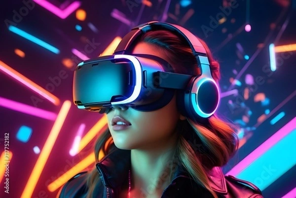 Fototapeta Young woman enjoying her virtual reality experience, VR, future, gadgets, technology concept
