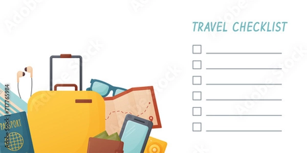 Obraz packing list, check list for travel, planning, preparing for vacation, trip, journey, luggage, passport, ticket, map, phone, wallet, vector illustration