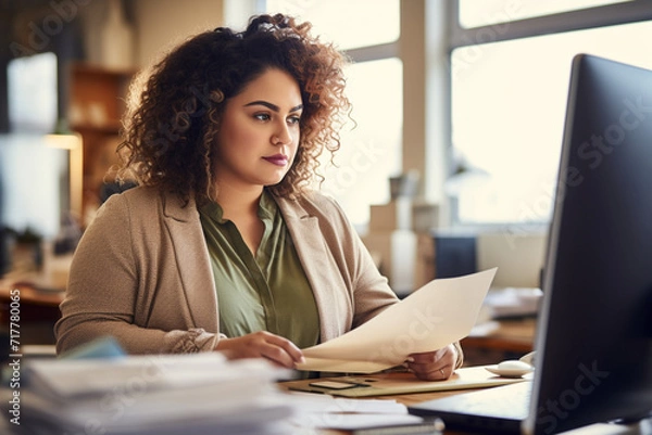Obraz plump woman with curly hair, plus-size, manager, in business clothes sitting at a desk with documents,in front of a monitor in a modern office, the concept of diversity