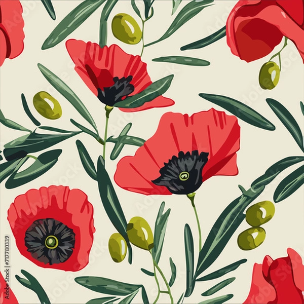 Obraz Poppy flowers and olives pattern.