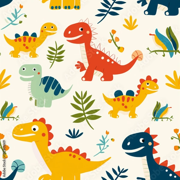 Fototapeta seamless pattern with funny monsters, dinosaur