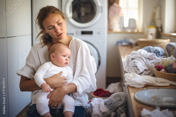Fototapeta Exhausted mother with small child looks at pile of dirty clothes. Baby sits on lap of poor tired mother with expression of being ready to cry