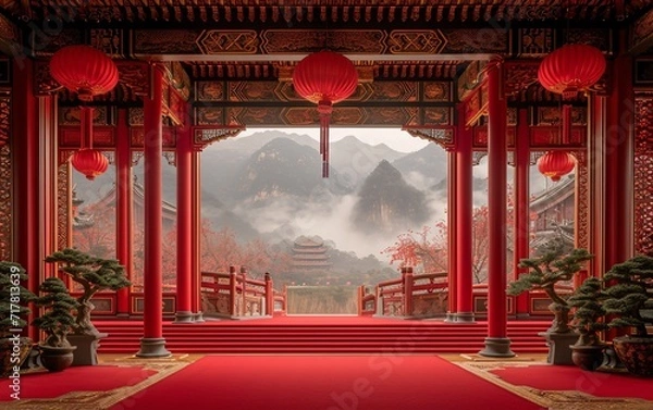 Obraz Red Carpet Entrance to a Chinese Palace with a Red Lantern Generative AI