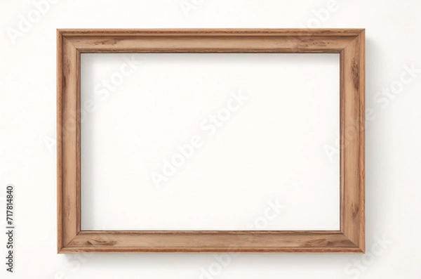 Obraz Marco vertical rectangular fino de madera clara colgado en una pared con textura blanca, plano, vista superior, ilustración 3D.