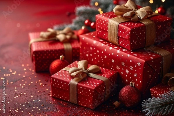 Fototapeta Holiday Gift Wrapping: A Festive December Display Generative AI