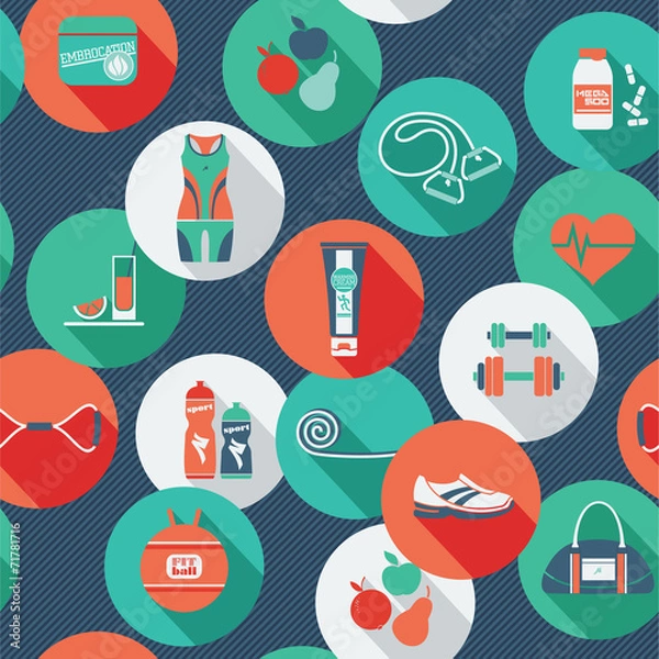 Fototapeta Seamless pattern with icons of fitness.