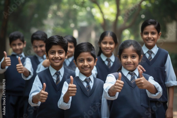 Obraz A group of smiling school students wearing uniforms showing thumbs up gesture