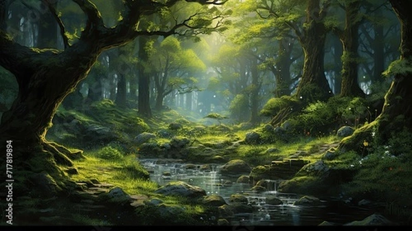 Fototapeta Veiled grove enveloped in mist, featuring ancient gnarled trees. Mystical shroud, age-old woodland, twisted foliage, enchanted thicket. Generated by AI.