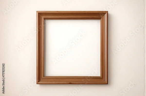 Fototapeta Marco vertical rectangular fino de madera clara colgado en una pared con textura blanca, plano, vista superior, ilustración 3D.