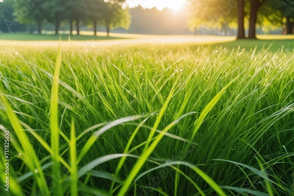 Fototapeta Close-up of the grass in the foreground, morning light in a park with green field and trees