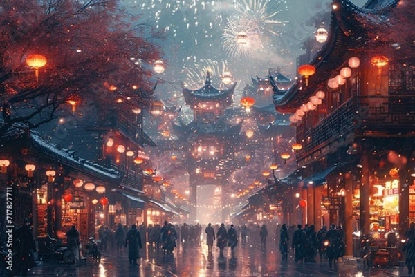 Obraz Chinese New Year Celebration in the Rain Generative AI