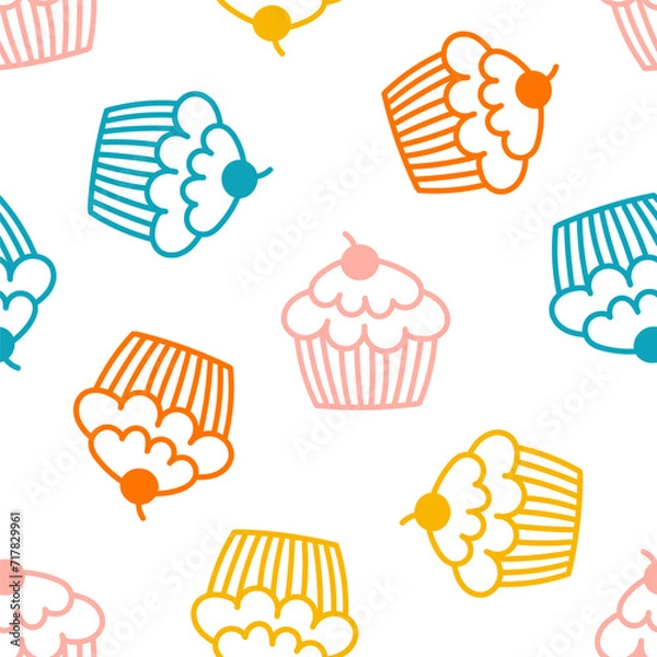 Fototapeta Seamless pattern with colorful outline cupcakes