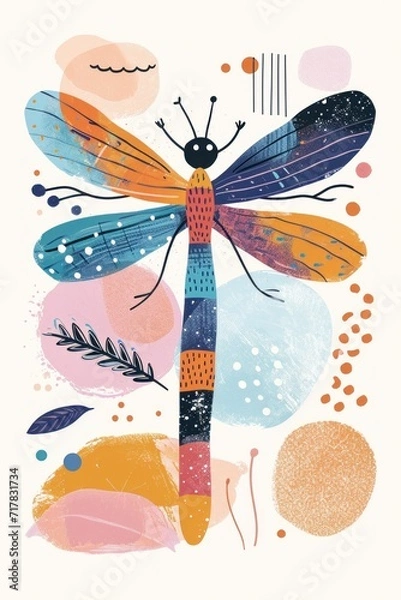Fototapeta A vibrant dragonfly dances amid a burst of cheerful colors on this cute greeting card.