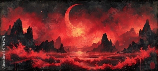 Obraz Red Moon Rising: A Blood Moon Eclipse in the Ocean Generative AI