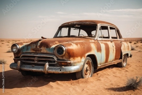 Fototapeta old classic wreck of retro vintage car left rusty ruined and damaged abandoned in the Sahara desert and lost forgotten concepts as copyspace banner