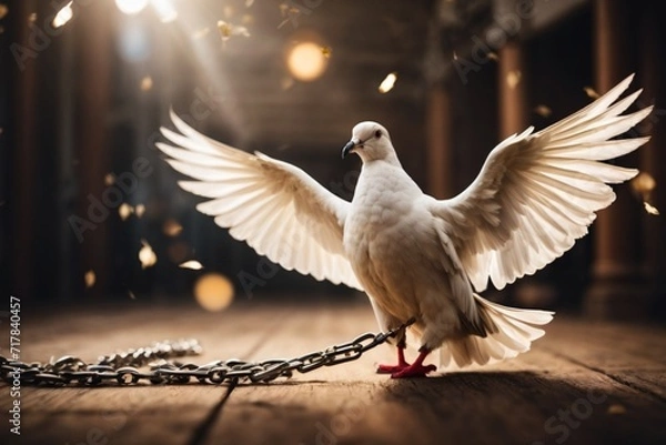 Fototapeta a white pigeon with spreading feathers of peace on dark background with copy space area