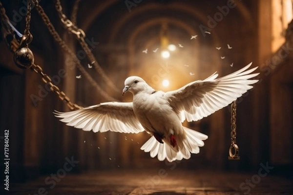Fototapeta a white pigeon with spreading feathers of peace on dark background with copy space area