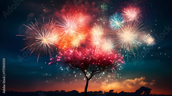 Fototapeta Happy New Year, burning fireworks with bokeh light background