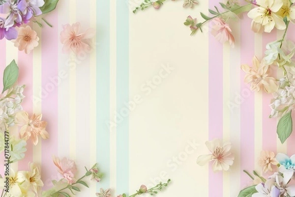 Fototapeta Pastel Stripes and Floral Design Background. A gentle background with pastel stripes and delicate flowers.