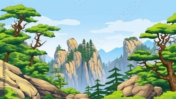 Fototapeta cartoon illustration  Pine covered peaks and ancient villages