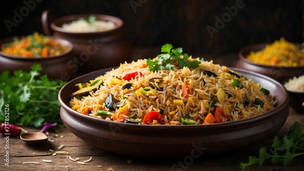 Fototapeta Plate of vegetable biryani served on a traditional plate with a side view the vibrant colors of the assorted vegetables and the aromatic basmati rice