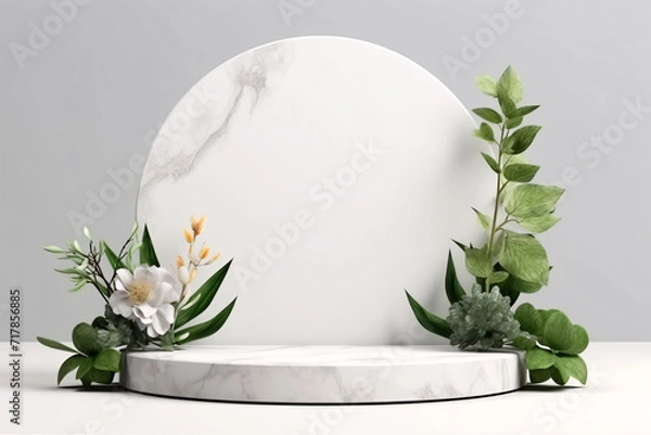 Fototapeta Green Nature Podium with White Flower and Stone Frame. Minimal 3D Display for Beauty