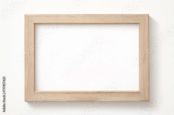 Obraz Marco vertical rectangular fino de madera clara colgado en una pared con textura blanca, plano, vista superior, ilustración 3D.
