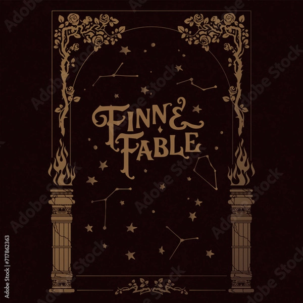 Fototapeta Fabulous vector frame with columns, wild roses and constellations. Cover for children's book. Magic and enchantment. Enchanted and magic garden. Spells and curses. Fables and tales.