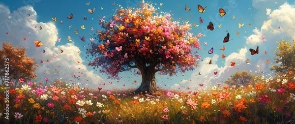Fototapeta Blooming Blossoms in a Tree Full of Butterflies Generative AI