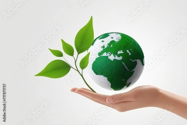 Obraz Close up of a green plant with leaves and 3d earth object growing from hand.ai generated
