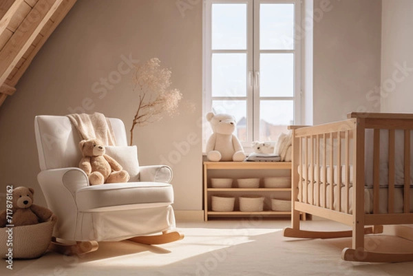 Fototapeta Nursery interior. Bed, cradle, chair, toys. Children's bedroom