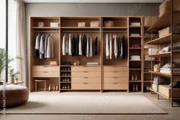 Fototapeta modern wooden wardrobe space with descriptive details and copy space raea