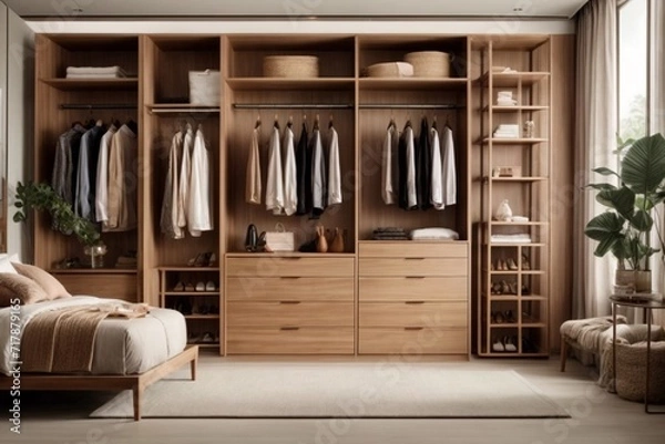Fototapeta modern wooden wardrobe with descriptive details and copy space raea
