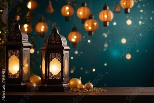 Fototapeta ramadan greeting card shiny light design dark background with copy space area banner