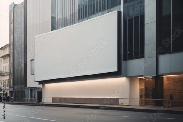 Fototapeta public advertisement board space on the modern building in the street as empty blank white mockup signboard copy space area