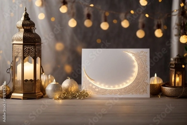 Fototapeta ramadan greeting card of crescent moon with copy space area banner