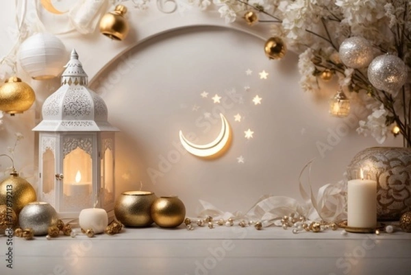 Fototapeta ramadan greeting card of crescent moon with copy space area banner