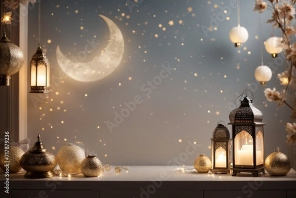 Fototapeta ramadan greeting card of crescent moon with copy space area banner